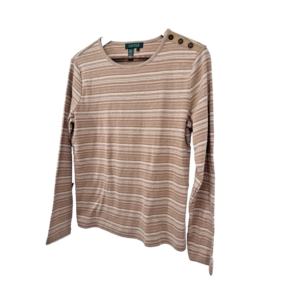 Lauren Ralph Lauren L Beige Tan Striped Long Sleeve Knit Old Money Equestrian